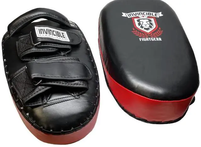 Alt view image 4 of 5 - INVINCIBLE FIGHT GEAR Premium Leather Thai Pad Kickboxing Strike Shields - Pair of Kick Training Pads with Solid Handle Grip and Dual Wrist Hook and Loop Straps for Boxing, MMA, Muay Thai