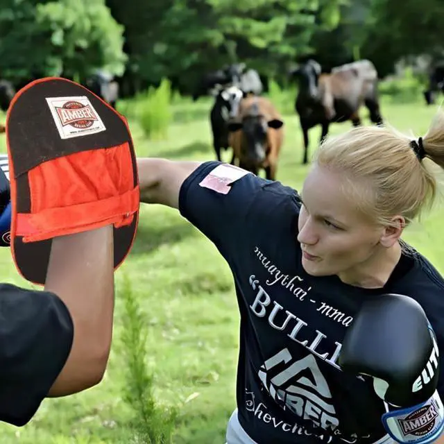 Alt view image 2 of 3 - Amber Fight Gear Heavy Duty Canvas Punch Mitts - Durable Training Gear for Boxing, Kickboxing, MMA & Aerobics, Hook & Loop Closure for Secure Fit, Enhances Speed, Accuracy & Power