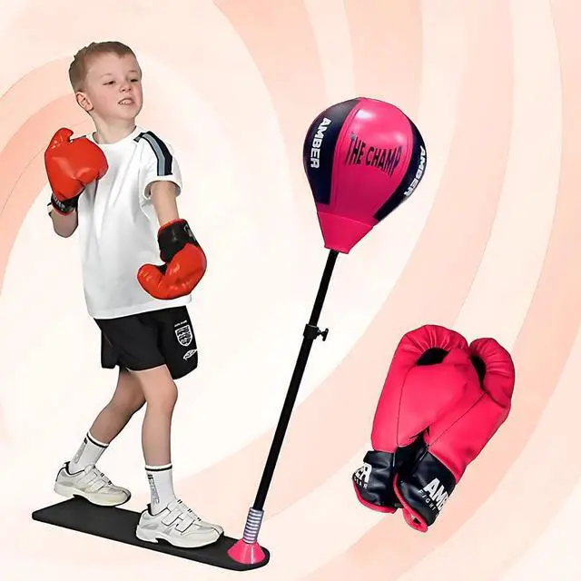 Alt view image 3 of 5 - Amber Fight Gear The Champ Kids Boxing Punch Stand Set with Punching Ball Bounce Back Punching Ball, Adjustable Stand, Pump, & Boxing Gloves for Boys and GirlsAges 3+