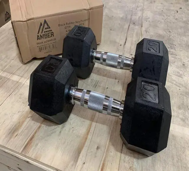 Alt view image 5 of 5 - Amber Sporting Goods Barbell Rubber encased Hex Dumbbell Weights with Metal Handles for Strength Training, Full Body Workout. Sold as a Pairs 30 lbs.