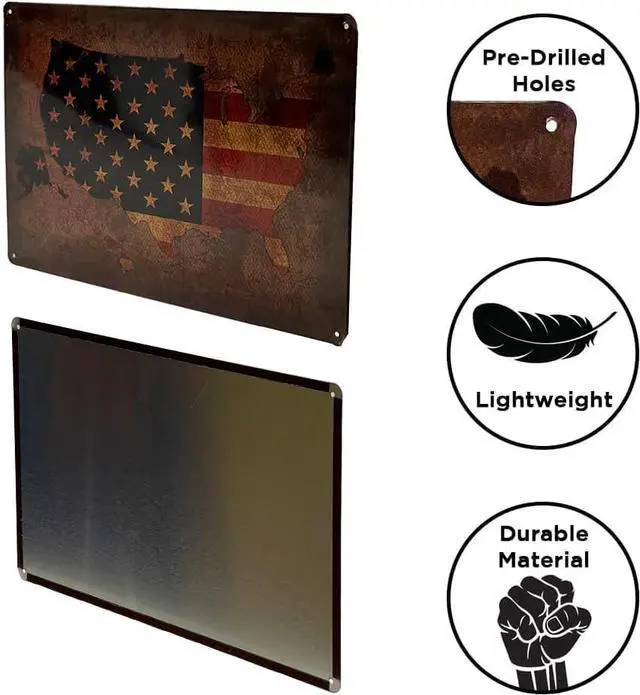 Alt view image 4 of 4 - LIVEVIE  American Flag Retro Vintage Auto License Plate Tin Sign, Embossed Metal Wall Decor for Home, Bar, Pub, Garage, Man Cave, Office, Pre-Drilled Holes, 8 x 12 Inch
