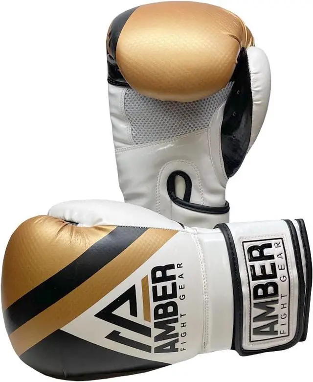Alt view image 4 of 6 - Amber Fight Gear Fury Boxing Gloves - Kickboxing, Muay Thai Training Gloves, Sparring Punching Bag Mitts, Durable PU, Non-Slip Wrist Support, Multi-Sport Glove, 14oz, Gold/Black