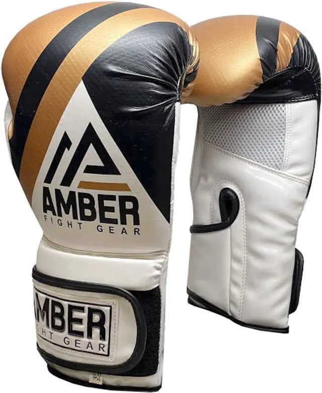 Alt view image 5 of 6 - Amber Fight Gear Fury Boxing Gloves - Kickboxing, Muay Thai Training Gloves, Sparring Punching Bag Mitts, Durable PU, Non-Slip Wrist Support, Multi-Sport Glove, 14oz, Gold/Black