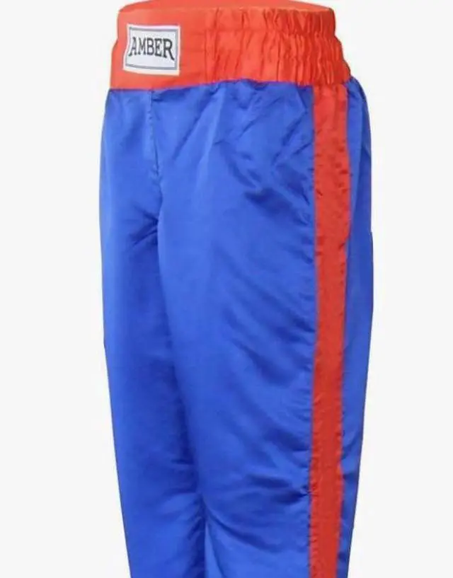 Alt view image 2 of 3 - Amber Fight Gear Nylon/Satin Kickboxing Pants Featuring 3" Boxing Style Waistband and Drawstring, and Durability, Blue/Red/Yellow Medium