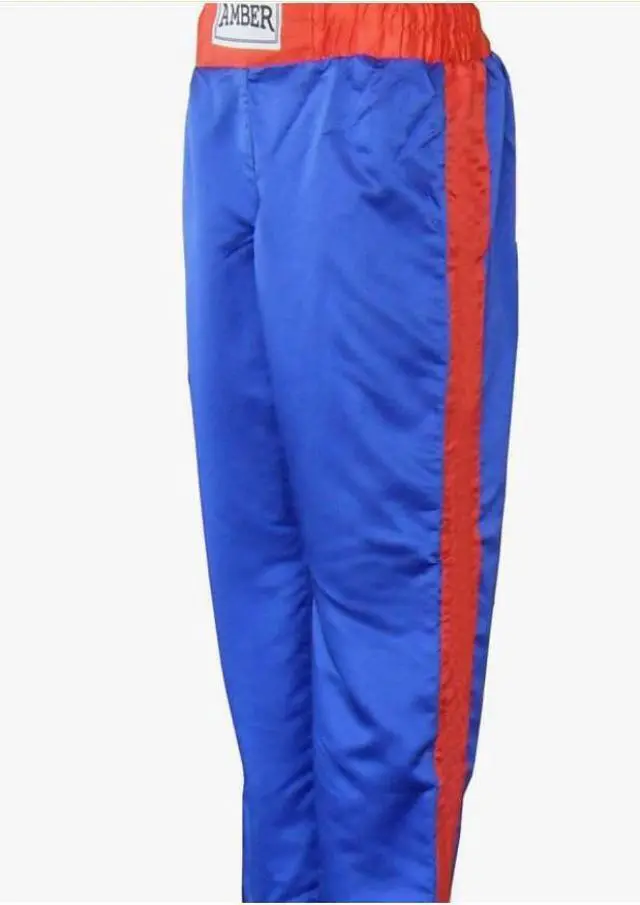 Alt view image 3 of 3 - Amber Fight Gear Nylon/Satin Kickboxing Pants Featuring 3" Boxing Style Waistband and Drawstring, and Durability, Blue/Red/Yellow Medium