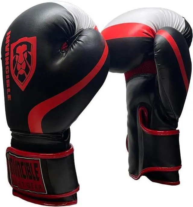 Alt view image 2 of 5 - Invincible Fight Gear Standard Leather Hook and Loop Training Boxing Gloves - Ideal for Boxing, Kickboxing, Muay Thai, MMA for Men Women and Kids Black/Red 12 oz.