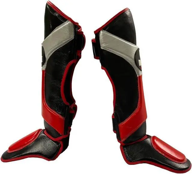 Alt view image 3 of 6 - Amber Fight Gear Invincible Shin & Instep - Premium Synthetic Leather Shin Guards for Muay Thai, MMA, Martial Arts Training & Sparring,Black/Red/Silver - Durable Protection for All Large