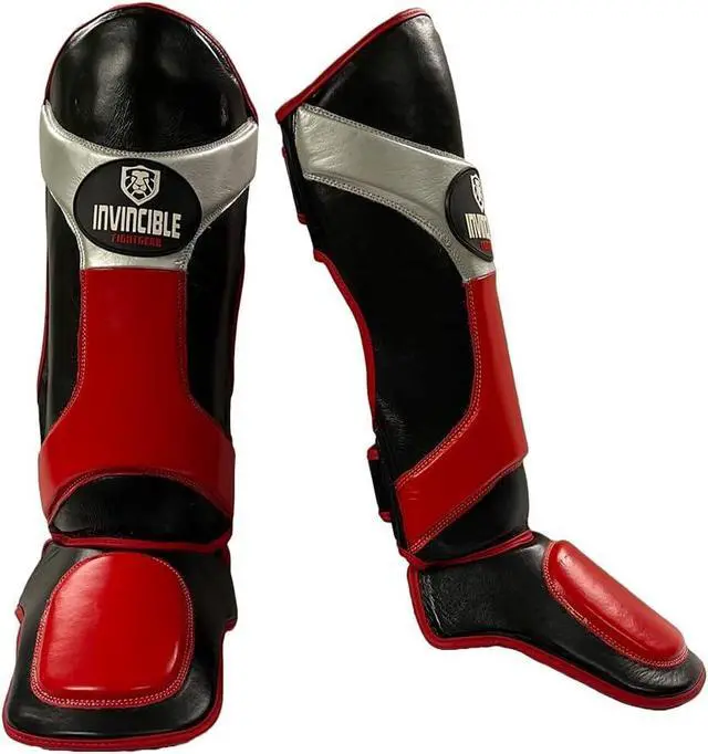 Alt view image 2 of 6 - Amber Fight Gear Invincible Shin & Instep - Premium Synthetic Leather Shin Guards for Muay Thai, MMA, Martial Arts Training & Sparring,Black/Red/Silver - Durable Protection for All Large