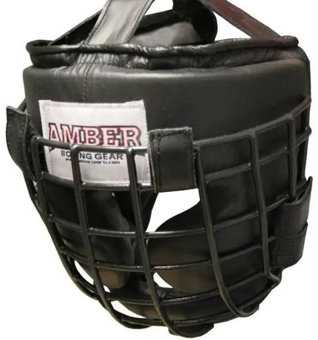 Alt view image 2 of 3 - Amber Fight Gear Heavy Leather Headgear with Removable Face Mask, Adjustable Hook & Loop Closure - Ideal for Boxing, Kickboxing, MMA Training Small / Medium