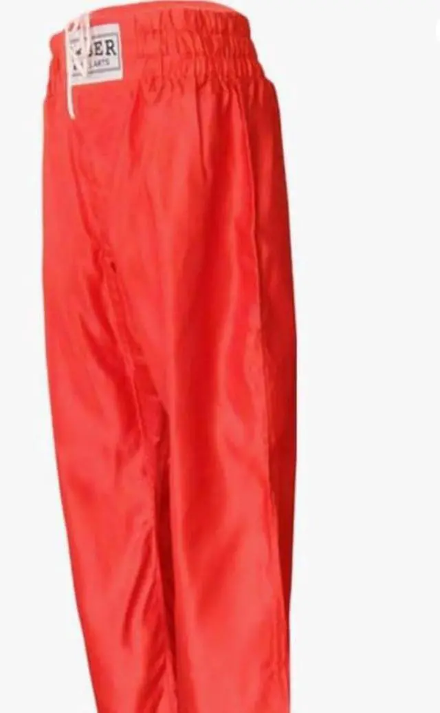 Alt view image 2 of 3 - Amber Fight Gear Nylon/Satin Kickboxing Pants Featuring 3" Boxing Style Waistband and Drawstring, and Durability Large Red