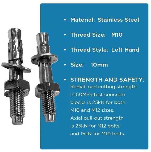 Alt view image 4 of 4 - Amber Fight Gear Dynamo Stainless Steel 304 Wedge Expansion Bolt for Hard Rock - Outdoor Use, 25kN Minimum Strength M10x70mm, Pack of 2