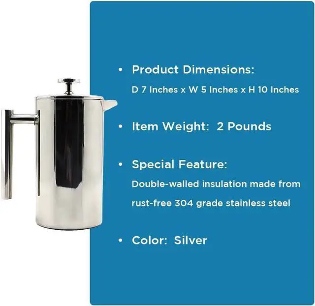 Alt view image 5 of 5 - LIVEVIE Double-Walled Stainless Steel French Press Coffee Maker - Rust-Free 304 Grade Steel - Granule-Free Coffee and Tea Brewer - Stylish and Durable Design 32oz