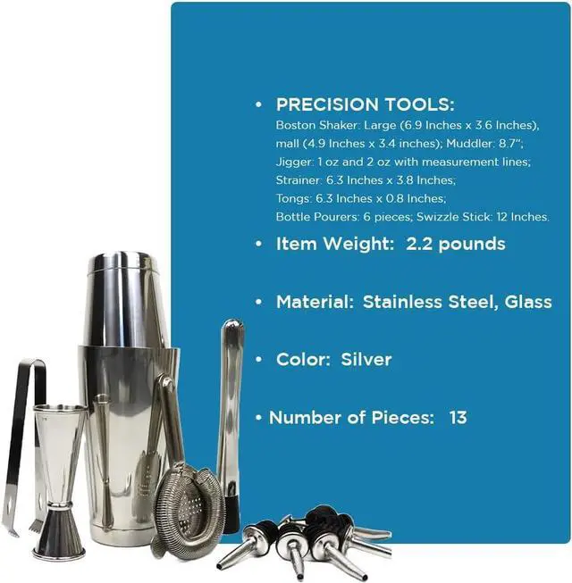 Alt view image 5 of 5 - LIVEVIE Boston Cocktail Shaker Set, 13-Piece Professional Bartender Kit with Stainless Steel Shakers, Jigger, Strainer, Muddler, Tongs, Bottle Pourers & Swizzle Stick for Home & Professional Bars