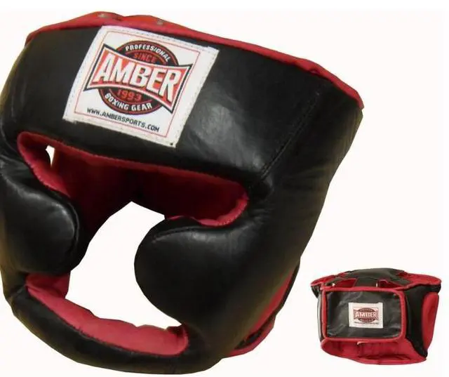 Alt view image 2 of 3 - Amber Fight Gear Deluxe All Leather Headgear with Cheek Protection for Boxing, Kickboxing, and MMA, Black X-Large
