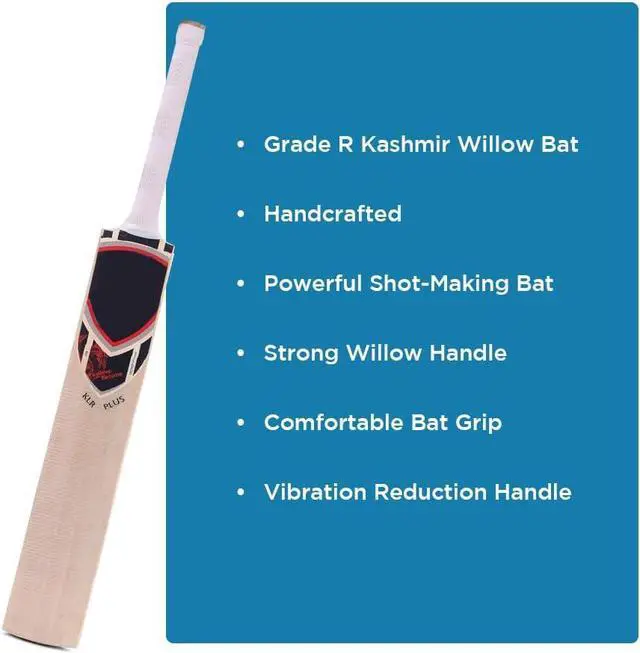 Alt view image 3 of 5 - Amber Fight Gear KLR Plus Kashmir Willow Cricket Bat, Handcrafted Grade R Willow with Web Tape Front and Full Sticker Back Kashmir Willow Handle, Red and Black