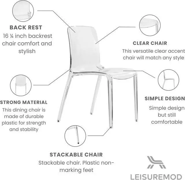Alt view image 2 of 7 - LeisureMod Adler Mid-Century Modern Dining Chair Set of 2 - Clear Acrylic Contemporary Design for Kitchen, Dining Room, and Modern Home Decor