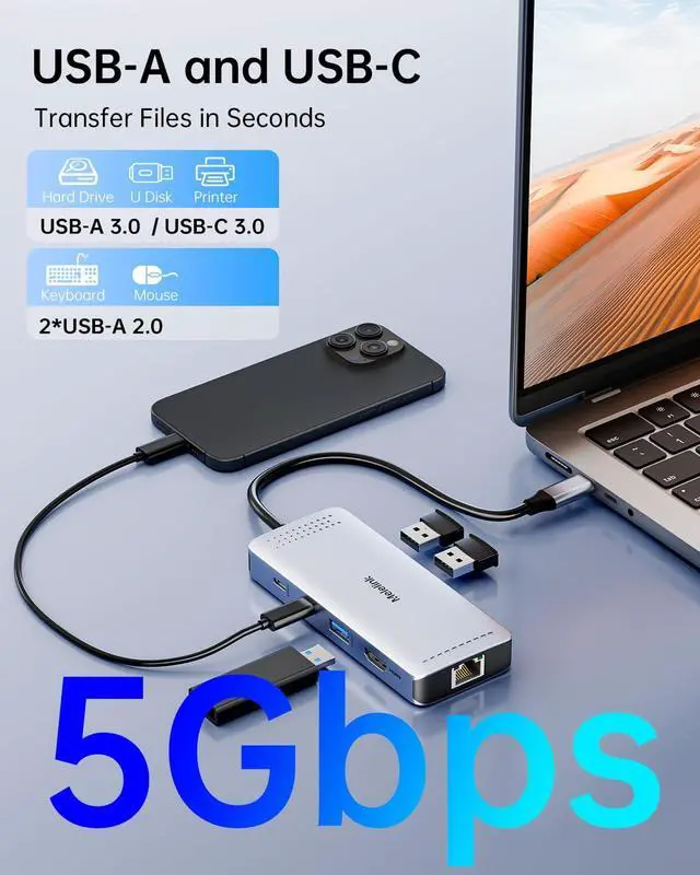 Alt view image 6 of 7 - Melelink USB C Hub Ethernet, 9 in 1 USB C to Ethernet Multiport Adapter Dongle with HDMI 4K@30Hz, 100W PD Charging, Gigabit RJ45, SD/TF Card Reader, USB A&C 3.0, USB-C Dock for Mac, Dell, Lenovo, HP