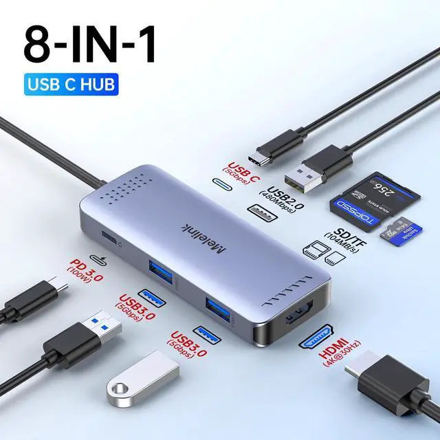 Alt view image 2 of 7 - Melelink USB C HUB, 8 in 1 Multiport Adapter Dock with 4K HDMI, 100W Power Delivery, SD/TF Card Reader, 1*USB 2.0 / USB-C Data & 2*USB-A 3.0, Dongle HDMI Adapter for MacBook, iPad, Dell, Lenovo, HP
