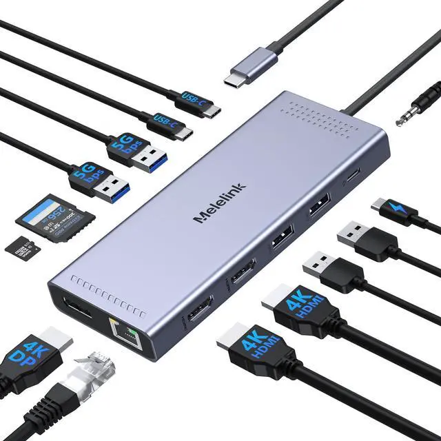 Main image of Melelink USB C Docking Station Dual Monitor, 14 in 1 Triple Display USB C Hub Multiport Adapter with 2 HDMI 4K,DisplayPort,PD Charging,Ethernet,6 USB C&A Ports,SD/TF,Laptop Docking Station for Dell/HP
