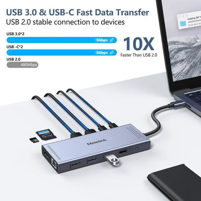Alt view image 5 of 7 - Melelink USB C Docking Station Dual Monitor, 14 in 1 Triple Display USB C Hub Multiport Adapter with 2 HDMI 4K,DisplayPort,PD Charging,Ethernet,6 USB C&A Ports,SD/TF,Laptop Docking Station for Dell/HP