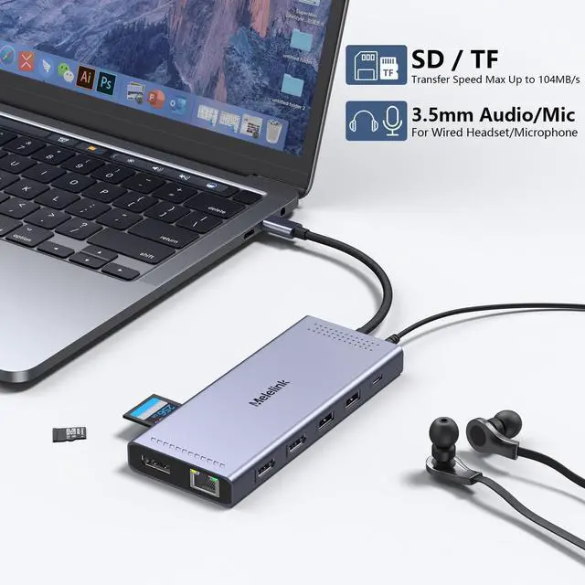 Alt view image 7 of 7 - Melelink USB C Docking Station Dual Monitor, 14 in 1 Triple Display USB C Hub Multiport Adapter with 2 HDMI 4K,DisplayPort,PD Charging,Ethernet,6 USB C&A Ports,SD/TF,Laptop Docking Station for Dell/HP