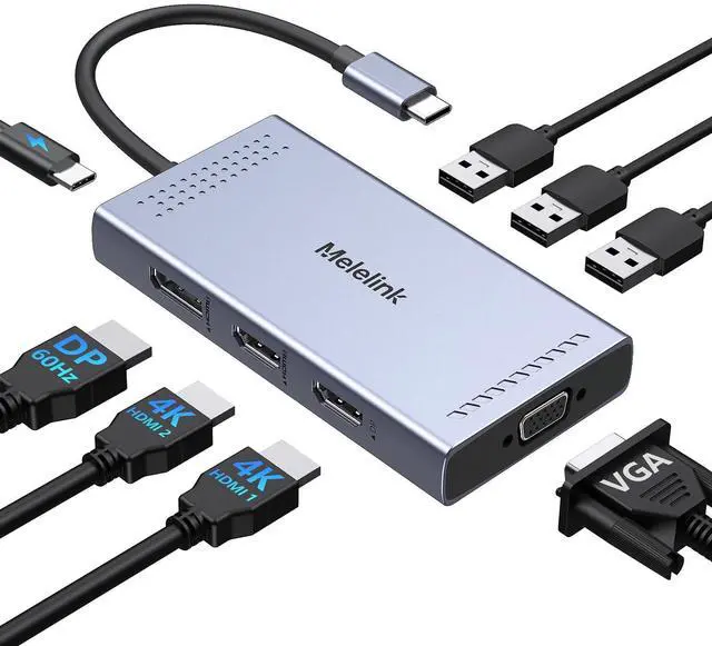 Main image of USB C Docking Station Dual HDMI Monitor Adapter, Melelink USB C Hub 3 Monitors Adapter with 2x HDMI 4K,Displayport,VGA,100W PD Charging,3 USB2.0, 8 in 1 Laptop Docking Station for Dell, HP, Lenovo,etc