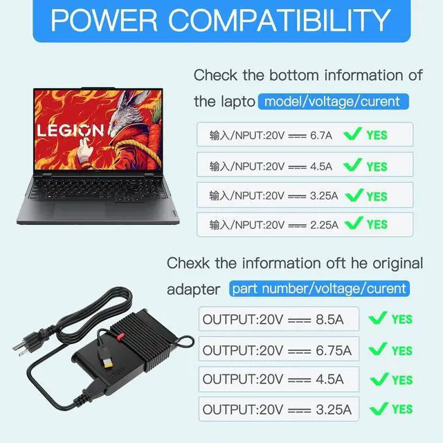 Alt view image 4 of 6 - Energizewiz 170W Charger 20V 8.5A for Lenovo Legion Slim 5 Yoga Pro 9i ThinkPad X1 Extreme P16 P16v IdeaPad Pro 5 LOQ 15APH8 6IRH8 15IRX9 15AHP9 ADL1703c3a USB Rectangular Tip