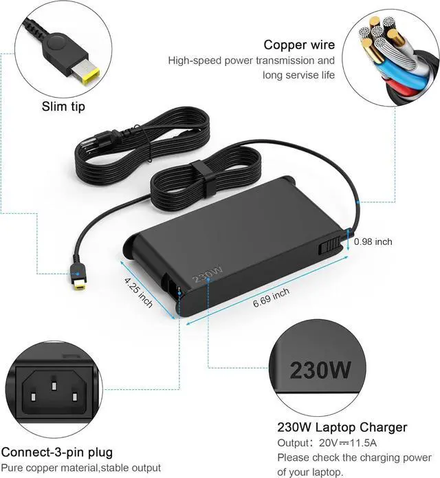 Alt view image 3 of 7 - Energizewiz 230W Legion Charger fit for Lenovo 20V 11.5A Legion 5 7 5P C7 S7 Y540 Y545 Y740 Y730 Y900 Y910 Y7000 Y7000P R7000P ADL230SCC3A USB Rectangular Tip