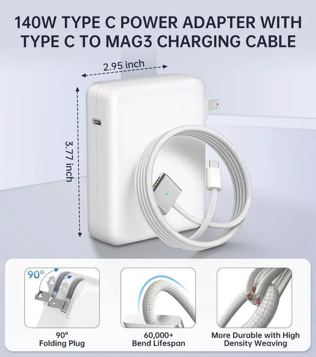 Alt view image 6 of 7 - 140W Charger for MacBook Pro 16/14 inch Mac Air 15/13 inch 2021-2025 M1M4 2m/6.6FT Type C to Magnetic 3 Cable LED Fast Charger Power Adapter (Between 2021-2025)