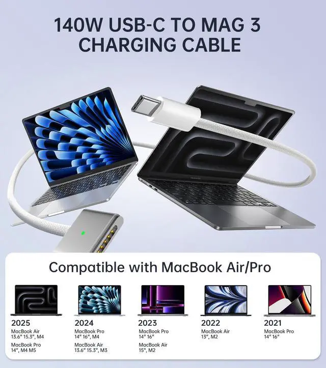 Alt view image 5 of 7 - 140W Charger for MacBook Pro 16/14 inch Mac Air 15/13 inch 2021-2025 M1M4 2m/6.6FT Type C to Magnetic 3 Cable LED Fast Charger Power Adapter (Between 2021-2025)