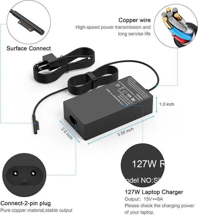 Alt view image 2 of 6 - 127W 15V 8A Laptop Charger for Microsoft Compatible with Surface Pro X 9 8 7 6 5 4 3 Surface Book 3 2 1 Surface Laptop 5 4 3 2 1 and Surface Go 3 2 1