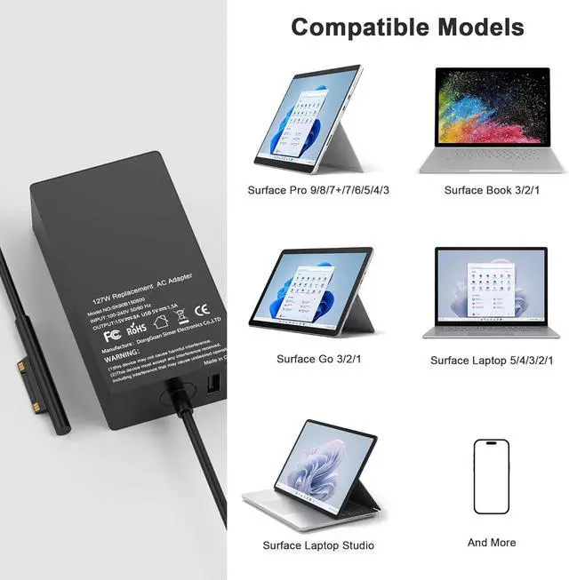 Alt view image 6 of 6 - 127W 15V 8A Laptop Charger for Microsoft Compatible with Surface Pro X 9 8 7 6 5 4 3 Surface Book 3 2 1 Surface Laptop 5 4 3 2 1 and Surface Go 3 2 1