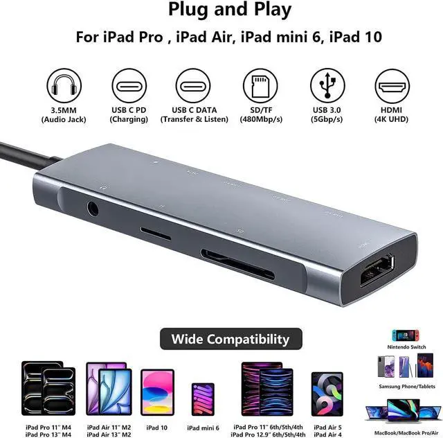 Alt view image 2 of 7 - USB C HUB for iPad Pro 9-in-1 Adapter iPad Pro M4 M2 M1 13 12.9 11 inch iPad Air 5 4 Docking Station with 4K HDMI, USB-C PD, SD/TF Card Reader, USB 3.0, 3.5mm Headphone Jack, Type C Data, iPad Mini 6