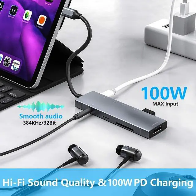 Alt view image 6 of 7 - USB C HUB for iPad Pro 9-in-1 Adapter iPad Pro M4 M2 M1 13 12.9 11 inch iPad Air 5 4 Docking Station with 4K HDMI, USB-C PD, SD/TF Card Reader, USB 3.0, 3.5mm Headphone Jack, Type C Data, iPad Mini 6