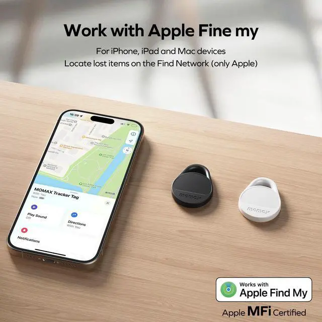 Alt view image 2 of 7 - MOMAX Key Finder Luggage Tracker Smart Tag for Key, Backpack, Wallet, Pets Works with Apple Find My (iOS Only) and Global Search Range Include DIY Personalized Stickers, 2Pack