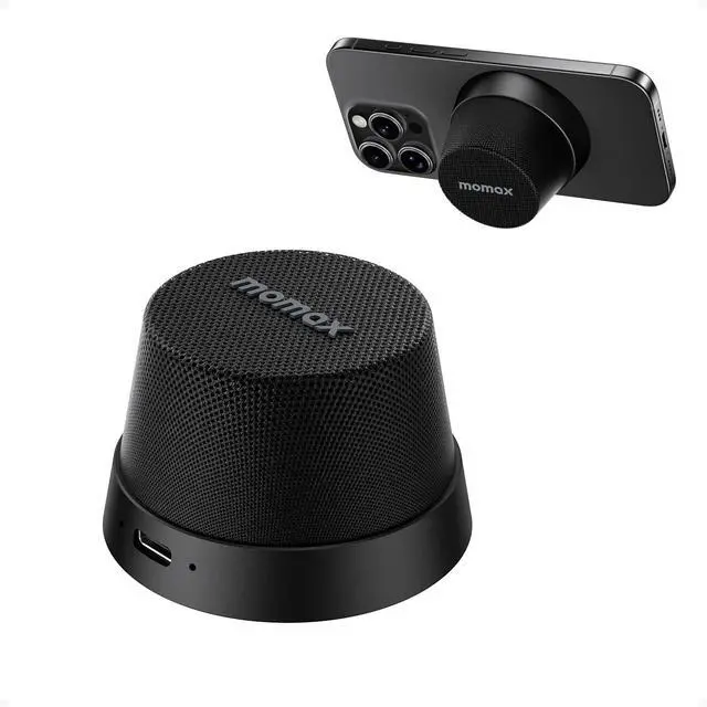 Main image of MOMAX Magnetic Phone Stand Wirelwss Speaker - Portable Mini Wireless Speaker Cellphone Holder with Premium Metallic Finish, Strong Magnet for iPhone/Travel/Home/Office/Car