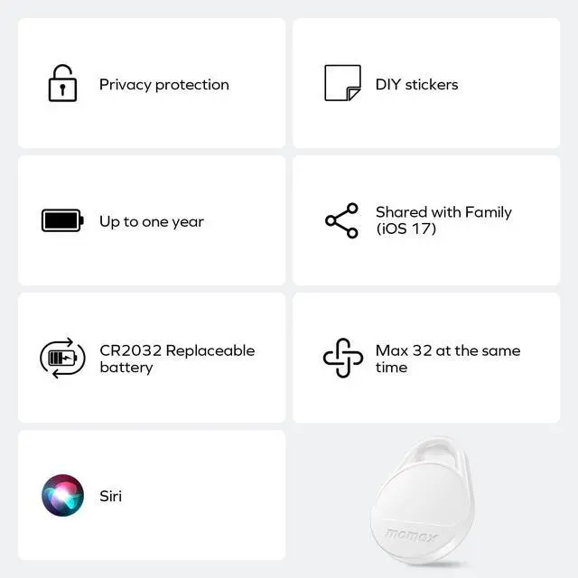 Alt view image 7 of 7 - MOMAX Key Finder Luggage Tracker Smart Tag for Key, Backpack, Wallet, Pets Works with Apple Find My (iOS Only) and Global Search Range Include DIY Personalized Stickers, 2Pack