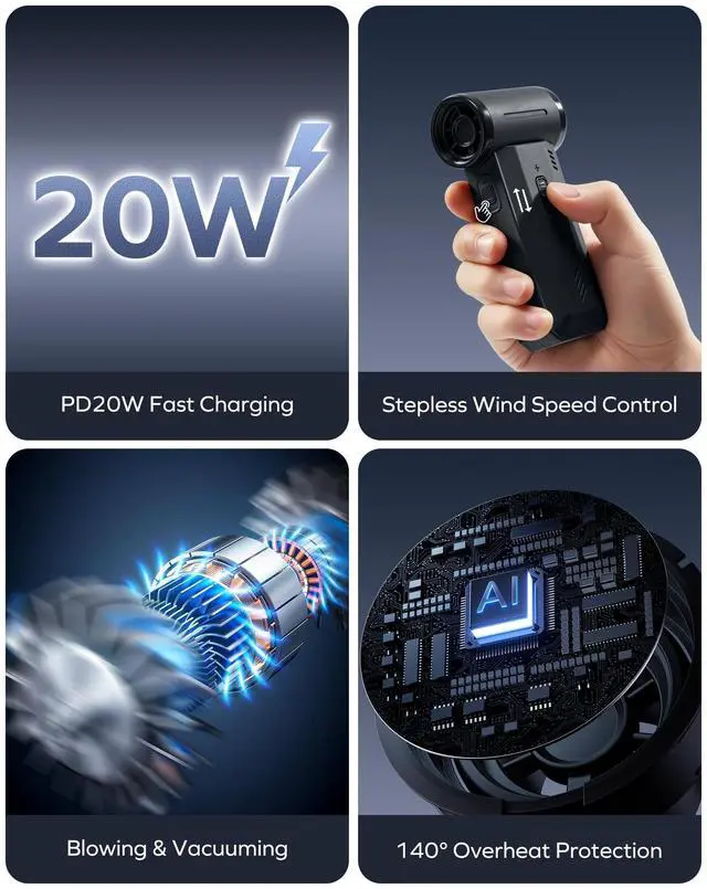 Alt view image 7 of 7 - 2-in-1 Electric Air Duster & Vacuum, 130,000 RPM Brushless Air Duster, 8KPA Car Vacuum 8000mAh Air Blower Wireless Handheld Vacuum for Car, Office and Home
