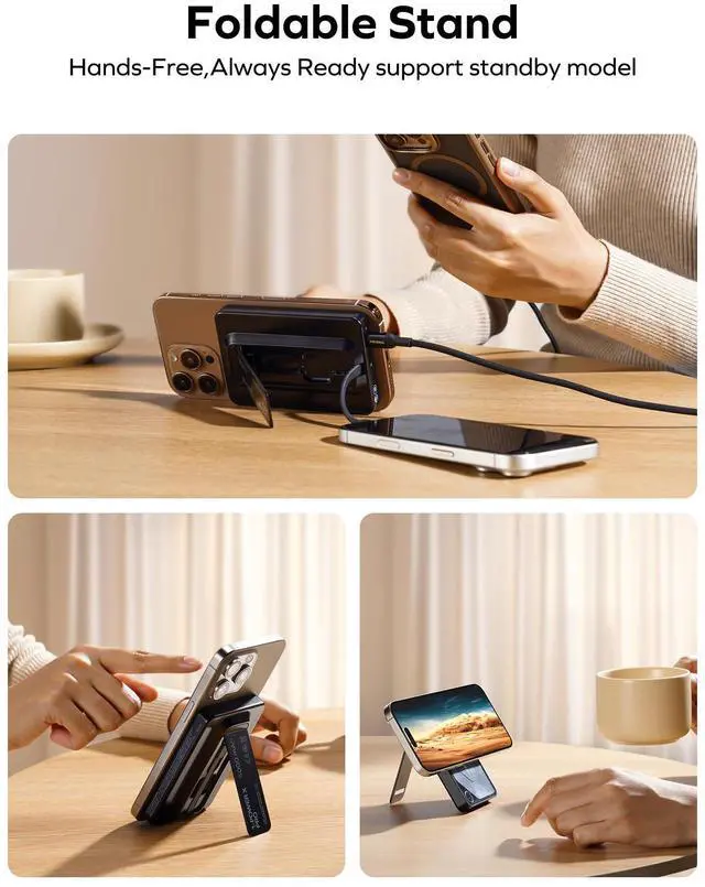 Alt view image 4 of 6 - MOMAX Magnetic Power Bank, 5000mAh Wireless Portable Charger, Wired 20W Fast Charging Battery Pack, Compatible with Magsafe, iPhone 15/14/13/12 Series, Built-inUSB C Charging Cable and Stand Included
