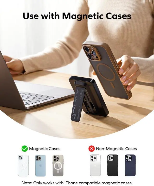 Alt view image 6 of 6 - MOMAX Magnetic Power Bank, 5000mAh Wireless Portable Charger, Wired 20W Fast Charging Battery Pack, Compatible with Magsafe, iPhone 15/14/13/12 Series, Built-inUSB C Charging Cable and Stand Included