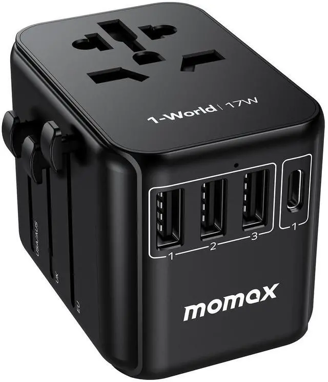 Main image of MOMAX European Travel Plug Adapter, Worldwide All in One Travel Adapter, International Power Adapter Wall Charger with 3 USB A and 1USB C Charging Ports for Travel Essentials (Type C/G/A/I)