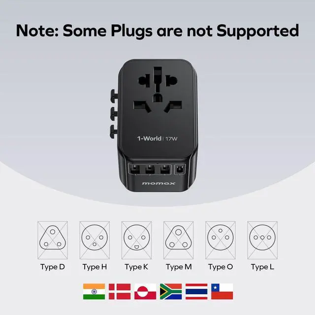 Alt view image 3 of 7 - MOMAX European Travel Plug Adapter, Worldwide All in One Travel Adapter, International Power Adapter Wall Charger with 3 USB A and 1USB C Charging Ports for Travel Essentials (Type C/G/A/I)