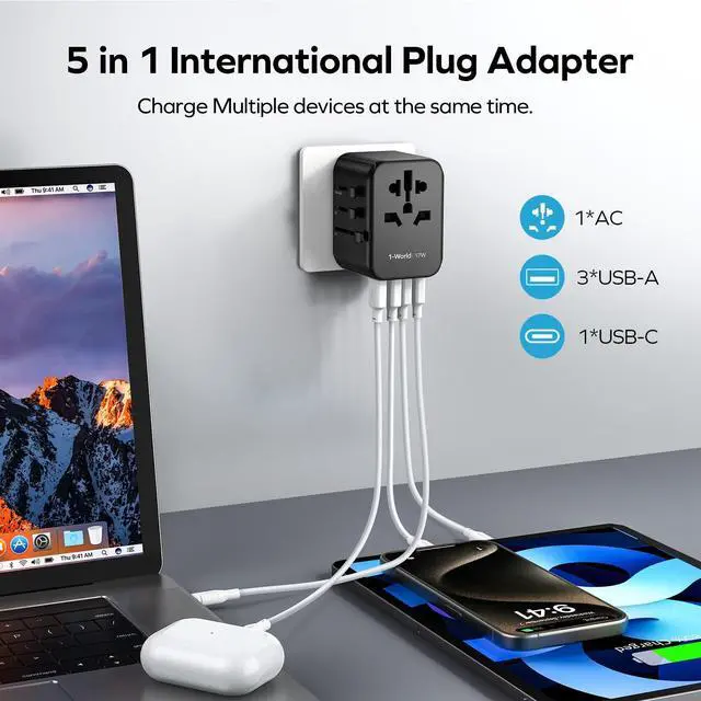 Alt view image 4 of 7 - MOMAX European Travel Plug Adapter, Worldwide All in One Travel Adapter, International Power Adapter Wall Charger with 3 USB A and 1USB C Charging Ports for Travel Essentials (Type C/G/A/I)