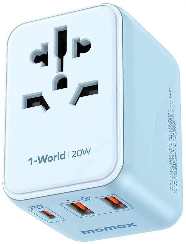 Main image of MOMAX Universal Travel Adapter, 20W GaN Fast International Power Adapter, 2 USB A & 1 USB C, Worldwide Travel Plug Adapter, International Power Adapter for Europe, USA, Japan, Australia (Type C/A/G/I)