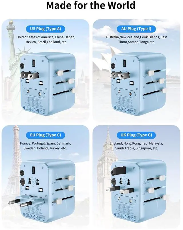 Alt view image 3 of 7 - MOMAX Universal Travel Adapter, 20W GaN Fast International Power Adapter, 2 USB A & 1 USB C, Worldwide Travel Plug Adapter, International Power Adapter for Europe, USA, Japan, Australia (Type C/A/G/I)