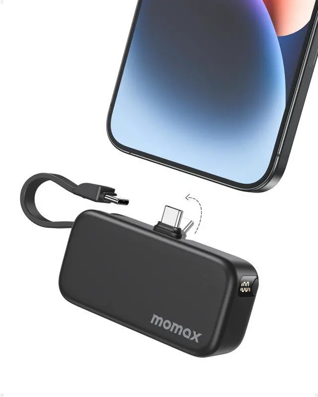 Main image of Momax Portable Charger Power Bank with Built-in Foldable USB-C Connector & USB-C Cable, 5000 mah Portable Phone Charger with Digital Display for iPhone 15, Android Phone, Laptop, iPad Pro/Air, AirPods