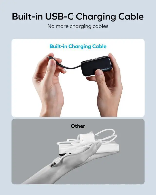 Alt view image 4 of 6 - Momax Portable Charger Power Bank with Built-in Foldable USB-C Connector & USB-C Cable, 5000 mah Portable Phone Charger with Digital Display for iPhone 15, Android Phone, Laptop, iPad Pro/Air, AirPods