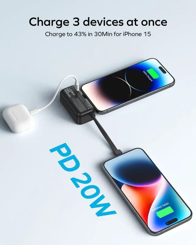 Alt view image 5 of 6 - Momax Portable Charger Power Bank with Built-in Foldable USB-C Connector & USB-C Cable, 5000 mah Portable Phone Charger with Digital Display for iPhone 15, Android Phone, Laptop, iPad Pro/Air, AirPods