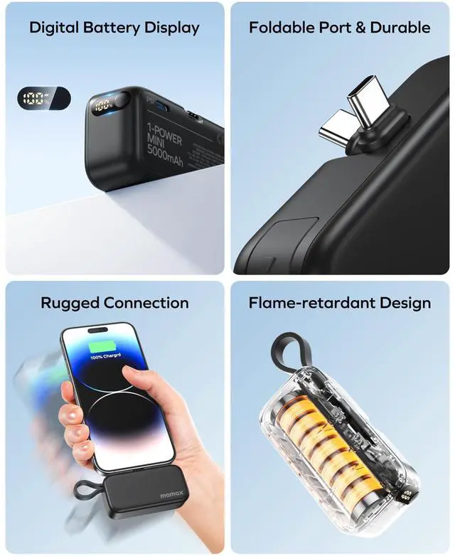 Alt view image 6 of 6 - Momax Portable Charger Power Bank with Built-in Foldable USB-C Connector & USB-C Cable, 5000 mah Portable Phone Charger with Digital Display for iPhone 15, Android Phone, Laptop, iPad Pro/Air, AirPods