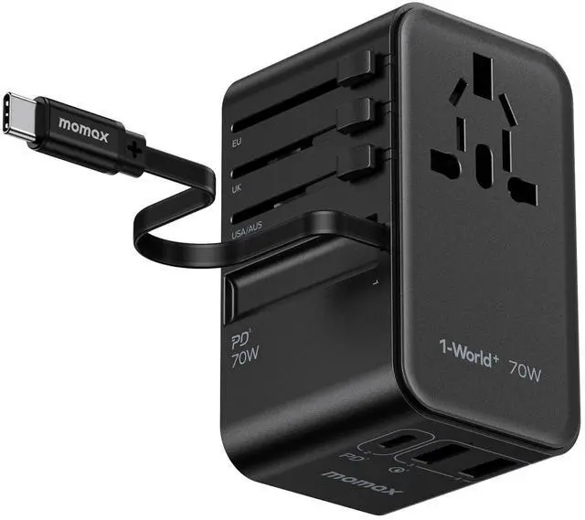 Main image of MOMAX Universal Travel Adapter, International Power Plug Adapter with 1 USB C (PD 70W), 2 USB A Ports, 1USB-C Cable (PD 70W), All-in-One Worldwide Wall Charger for USA European UK AUS (Type C/G/A/I)